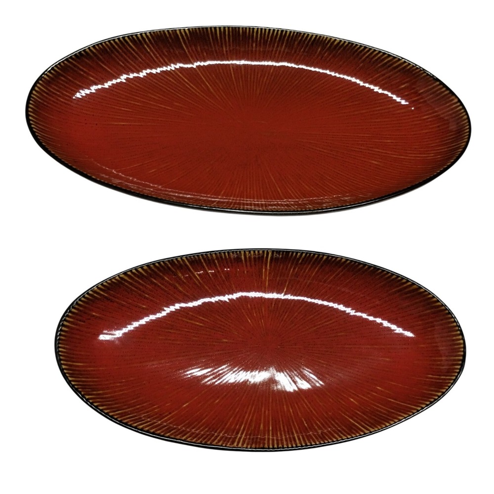 Pier 1 Stoneware Oval Serving‎ Platters Set of 2 Burnt Orange Sunburst 15" & 12"